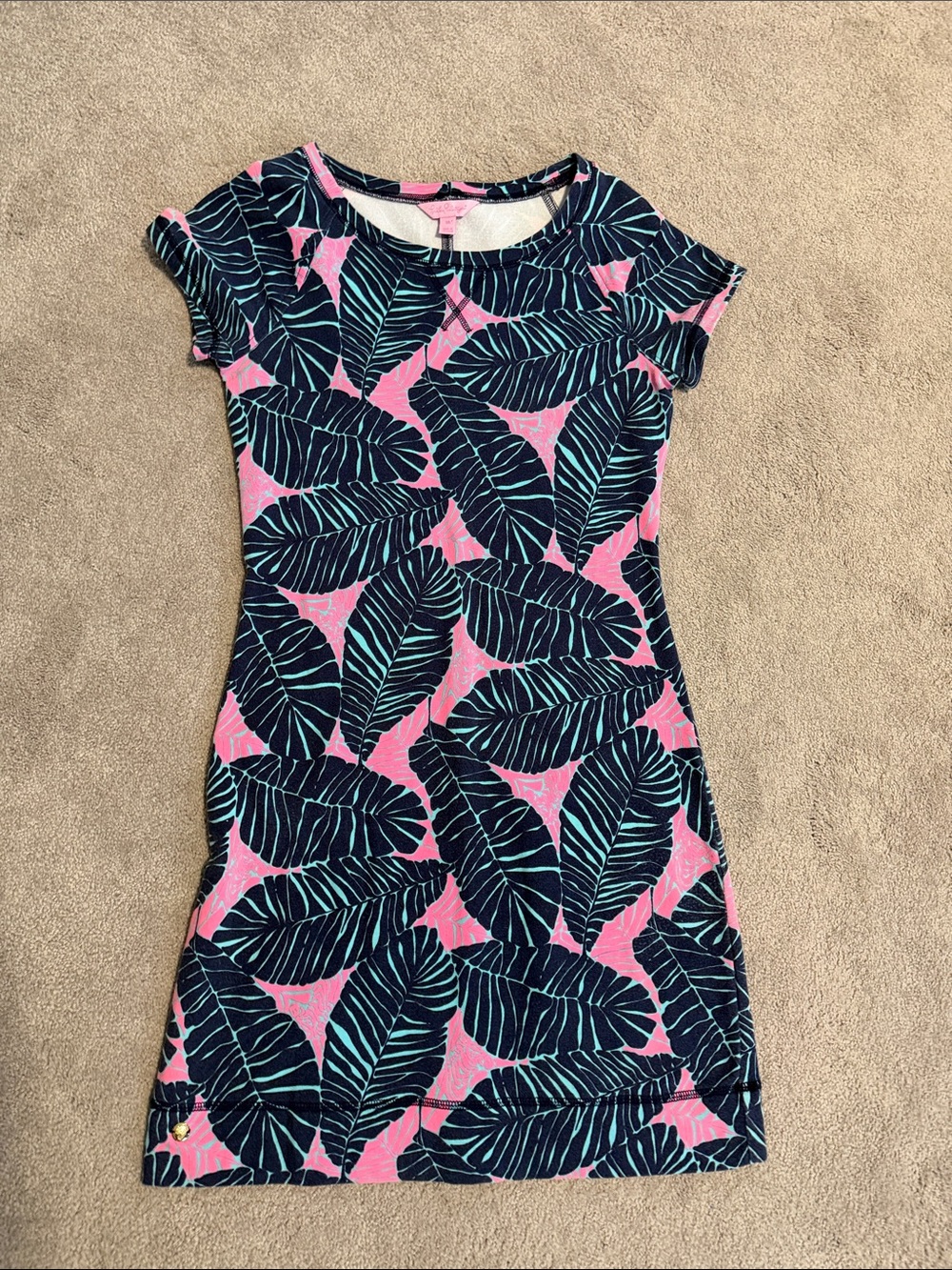 Lilly Tropical Leaf Shift Dress - Pink & Navy